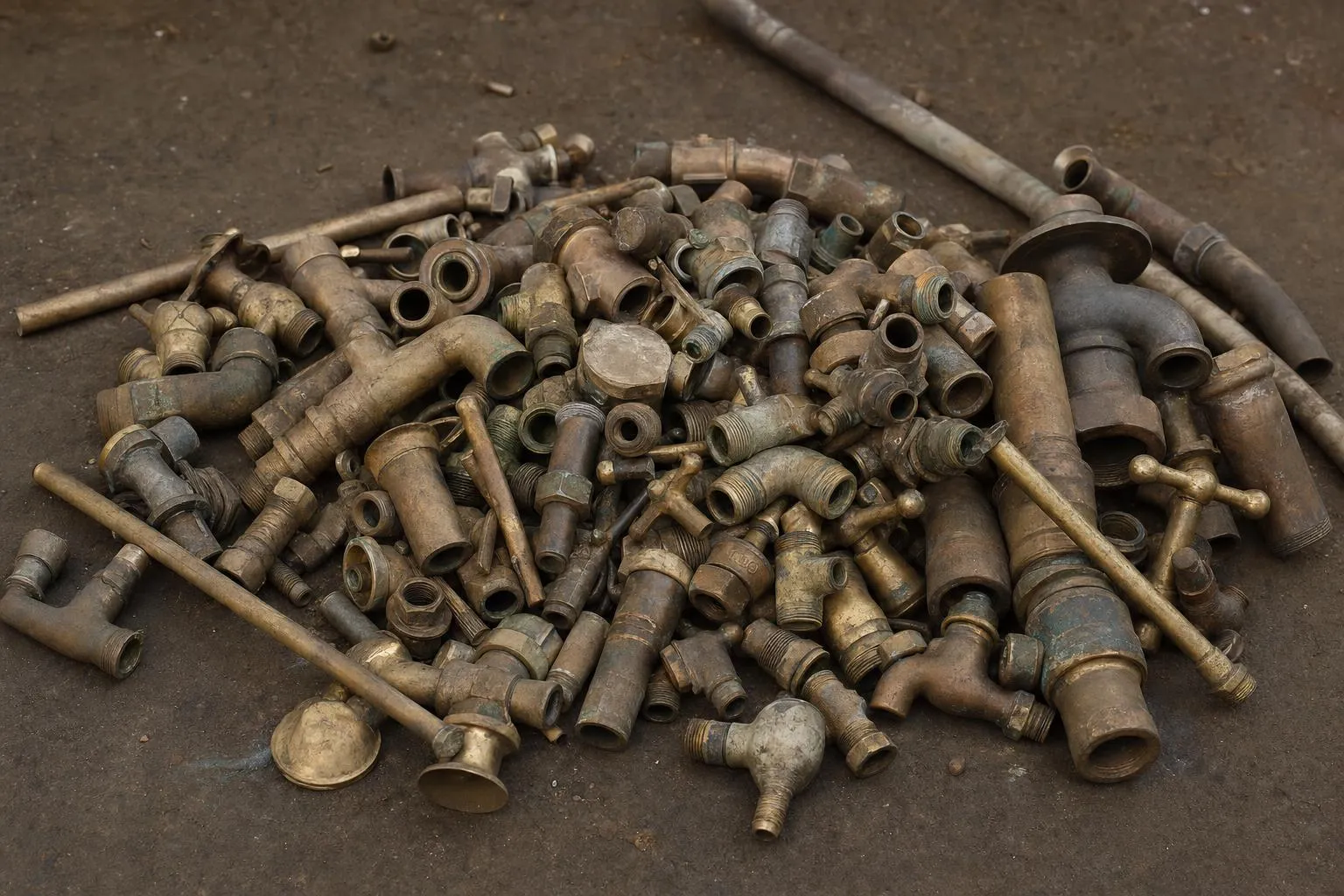 Brass scrap on a workshop floor: an assortment of old taps, valves, pipe fittings and short brass rods, dulled and tarnished with age