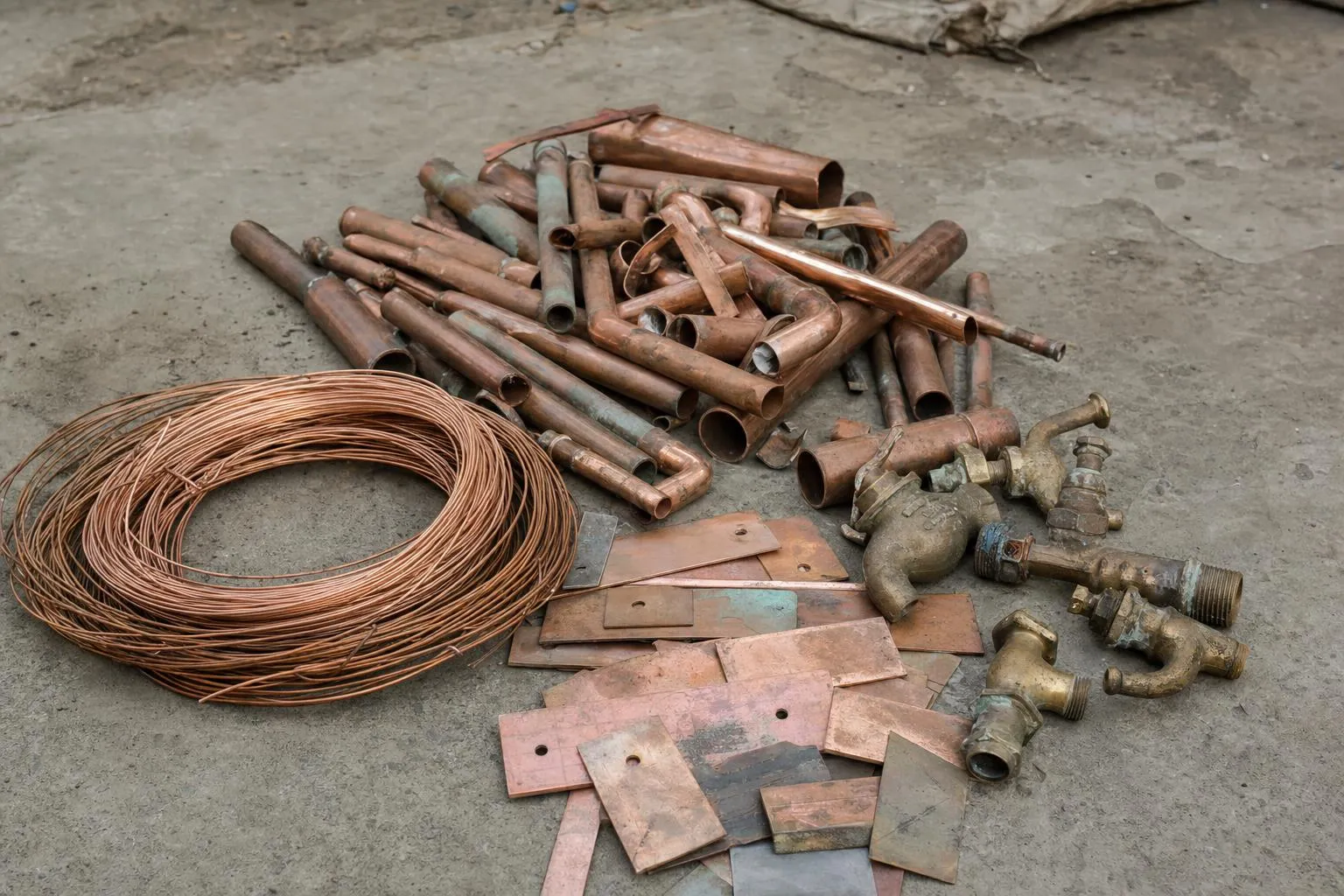 Copper scrap on a concrete yard floor: a coil of bright bare copper wire, cut copper pipe sections, flattened bus bar offcuts and a few dulled brass taps alongside