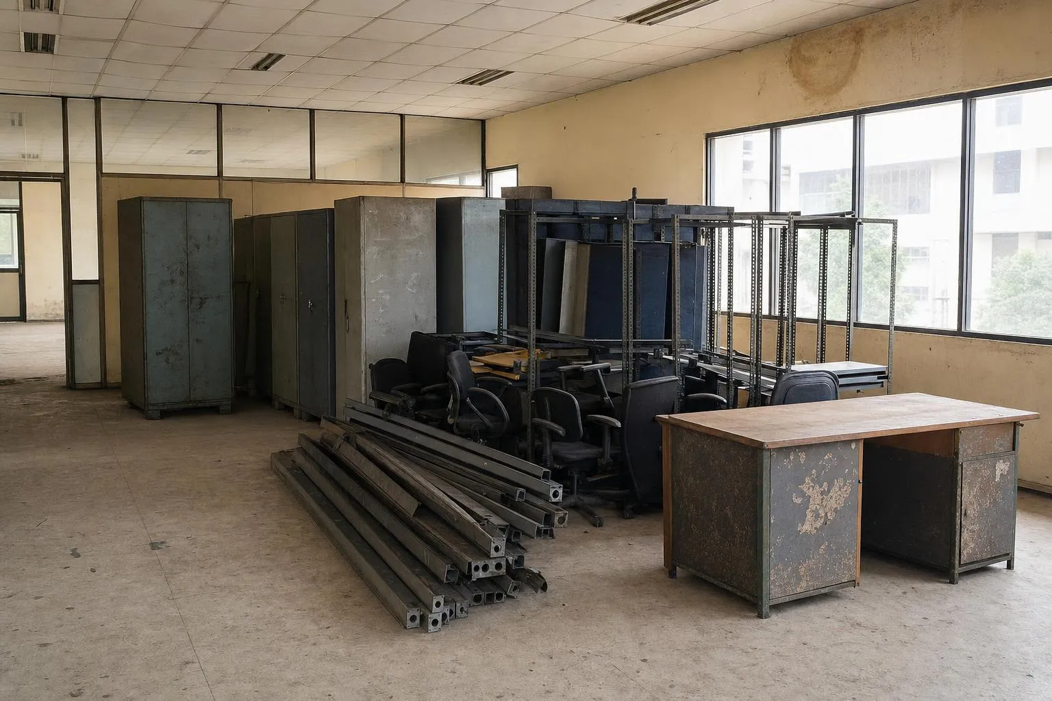 A cleared office floor with dismantled furniture stacked for removal: steel almirahs, metal shelving frames, office chairs and a wooden desk