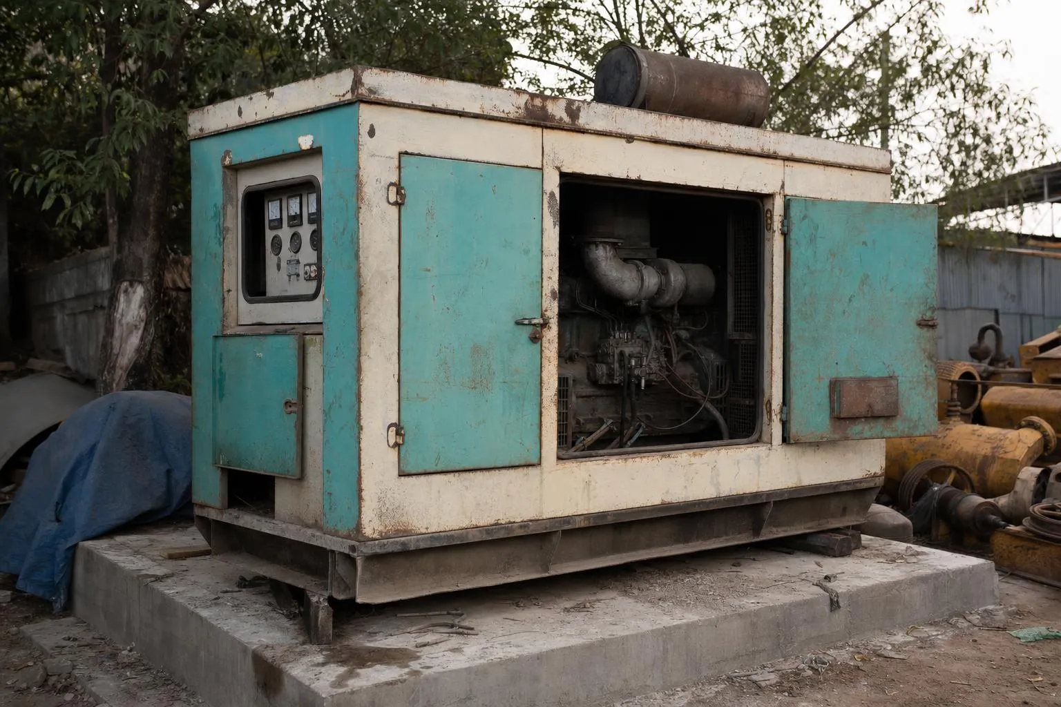 An old diesel generator set standing in a yard: the steel enclosure weathered and faded, control panel visible on one side, resting on a concrete slab