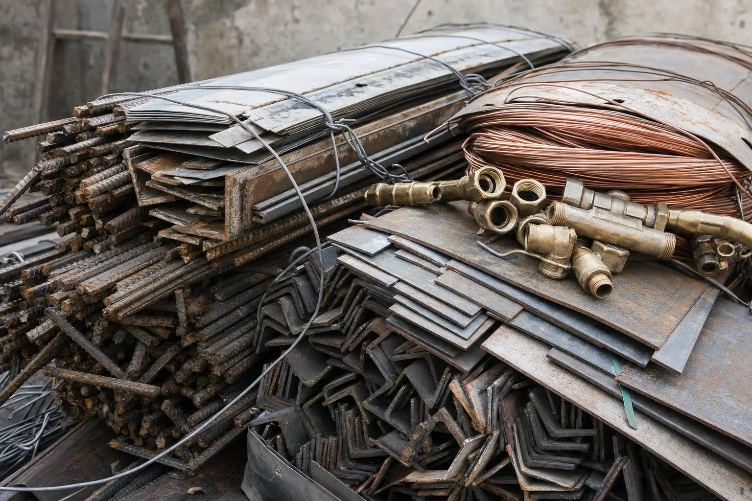 Bundled ferrous and non-ferrous scrap at a yard: rusty TMT bar offcuts, steel sheet and angle sections, with a coil of copper wire and brass fittings alongside