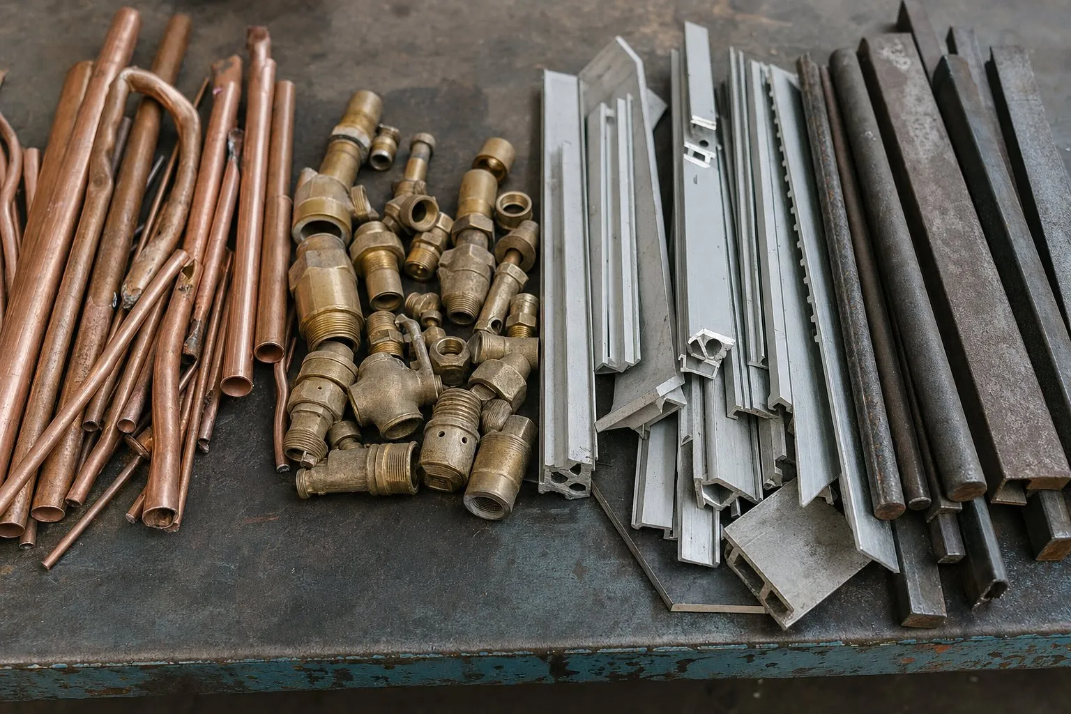 Mixed scrap metals laid out side by side on a worn workbench: copper pipe offcuts, brass fittings, aluminium profiles and steel bar ends