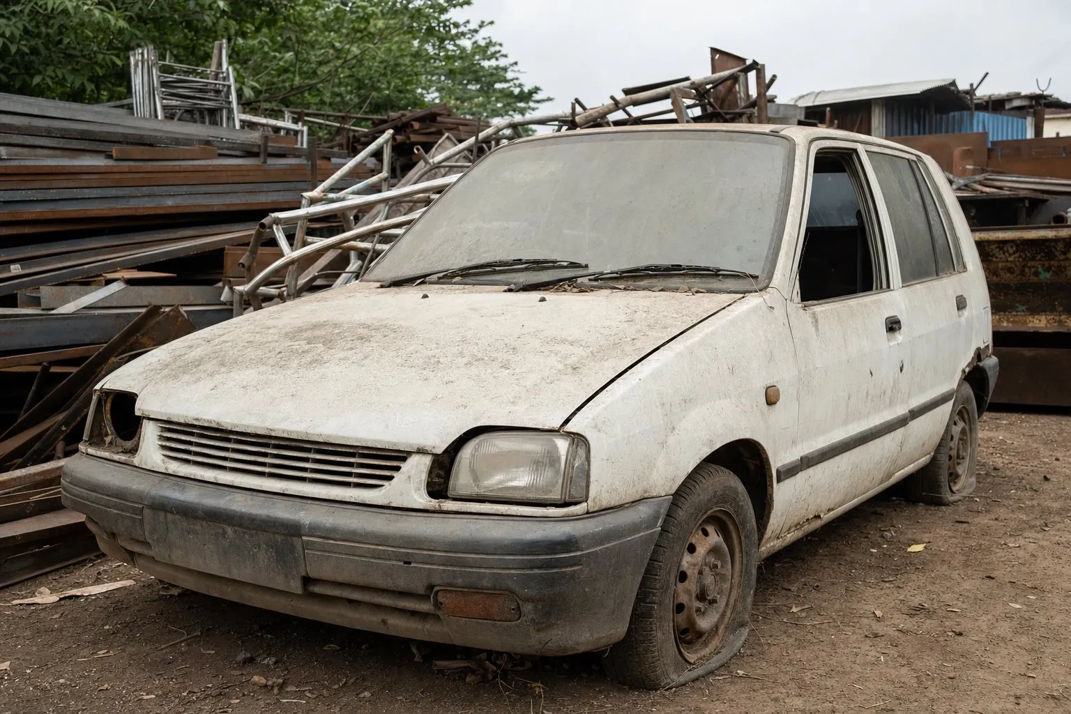An old end-of-life car with flat tyres in a scrapyard, dusty and faded, with stacked scrap metal around it