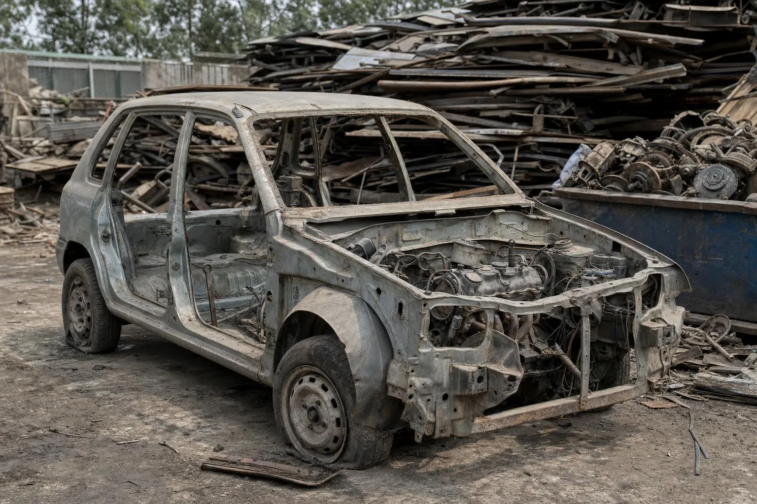 An end-of-life car in a scrapyard with panels removed and flat tyres, dusty and faded, with stacked scrap metal around it